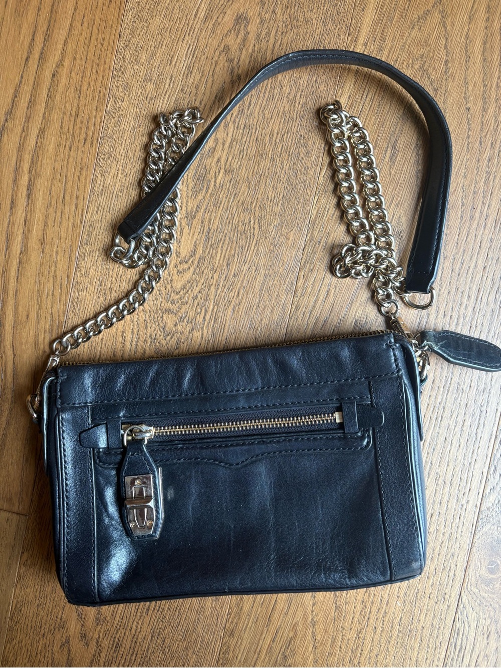 Rebecca Minkoff Leather Gold Chain Strap Crossbody Bag - Black